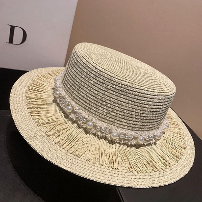 New Pearl Tassel Straw Woven Flat Top Straw Hat Women's Summer Leisure Travel Vacation Outdoor Sunshade Sun Protection Hat
