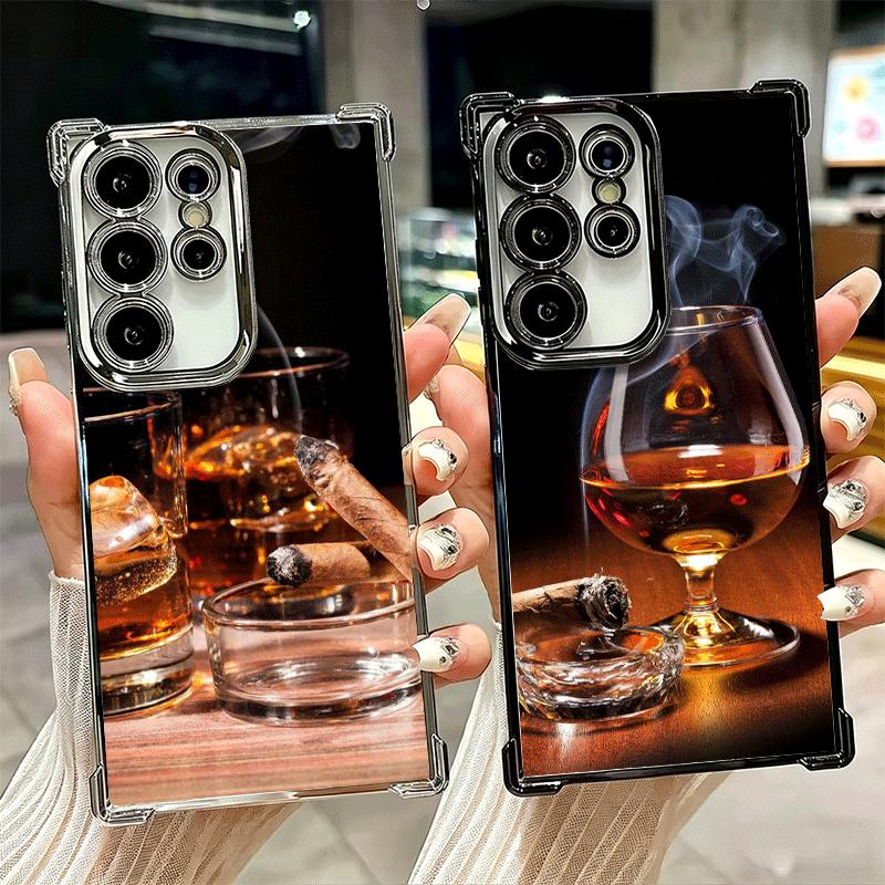 Cigar Whiskey Ice Drink Plating Phone Case For Samsung Galaxy S24 S25 FE S26 Edge S23 Ultra S22 S21 Plus S20 Anti-Fall Airabag C