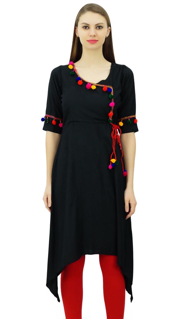 Phagun Angrakha Style Rayon Womens Tunic Kurta Pom-Pom Designer Kurti Top Indian