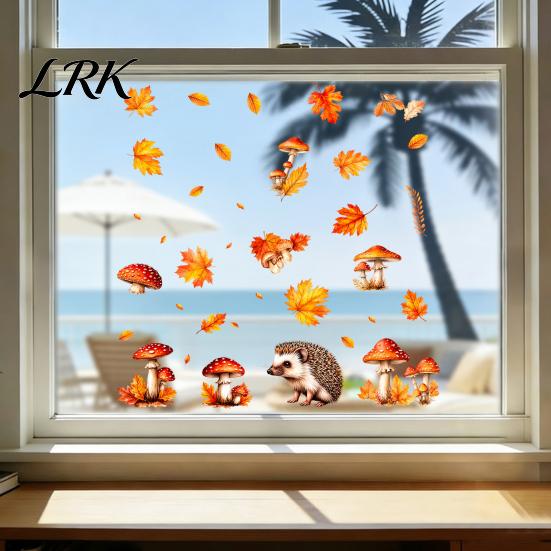 Kaffeehaus-Fensterkunst 2 Stück Herbstigel Statische Aufkleber, Herbst-Ahornblatt-Pilz-Glasaufkleber, Saisonale Dekorationen Klebefreie Aufkleber für