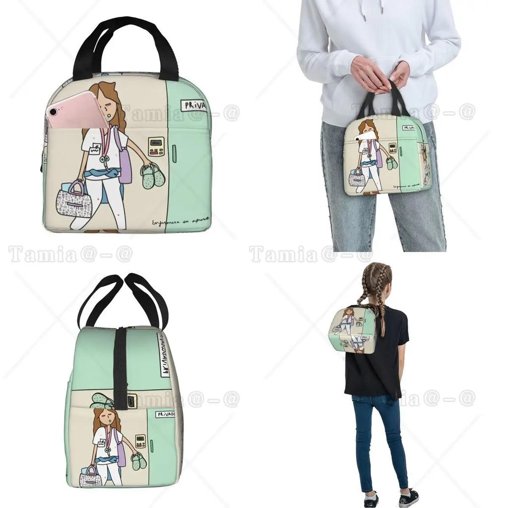 Cartoon Ladies Nurse Printed Lunch Bag for Women No Paro De Doblar Enfermera En Apuros Insulated Cooler Oxford Food Tote Bags