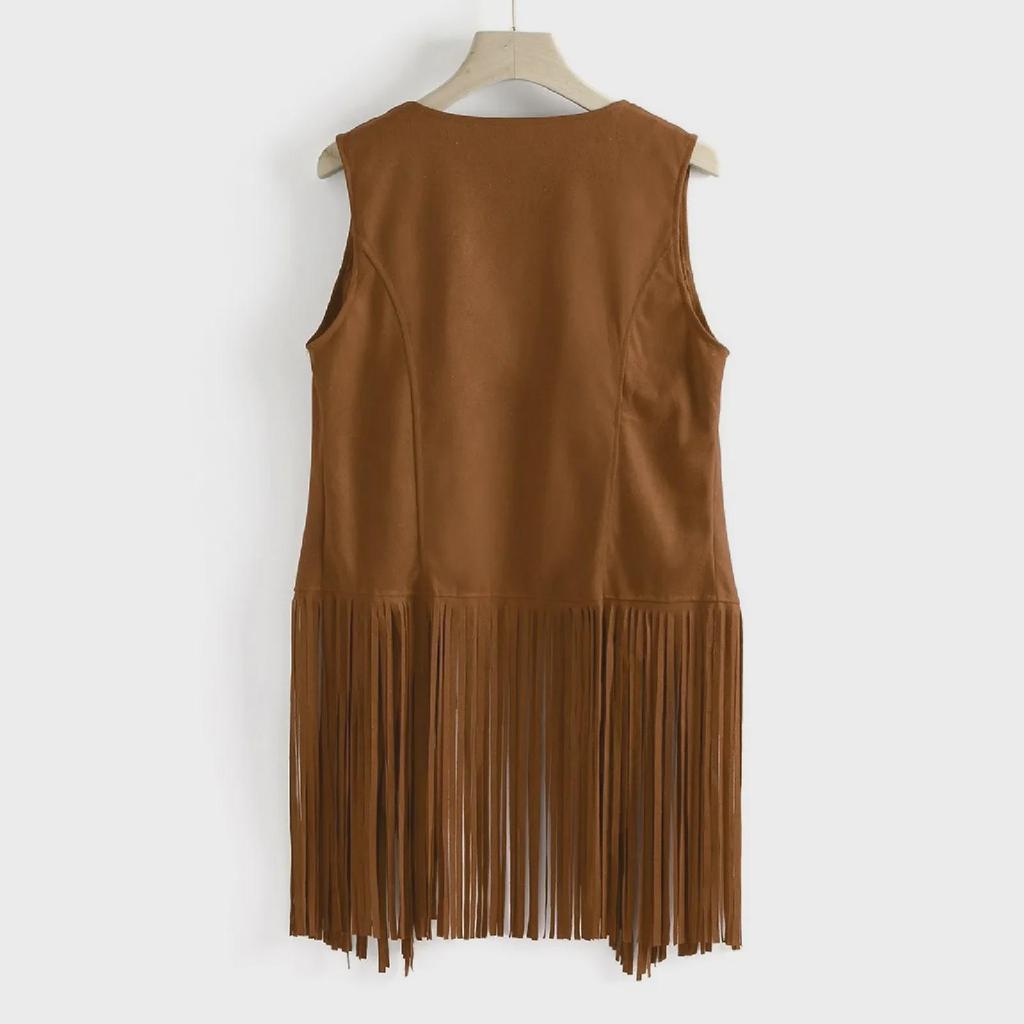 Giacca con Frange Stile Europeo e Americano da Donna 2025, Velluto Scamosciato, Gilet Mid-Length Senza Fibbia.