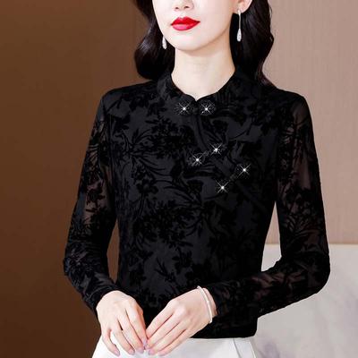 Neuer chinesischer Stil Schnalle plus Samt Herbst und Winter Basic-Shirt für Damen Schwarzes Shirt T-Shirt Warmes Flocknetz Muttertop