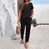 2 pezzi/set pantaloni da donna top tuta cava o collo maniche corte tasche vita con lacci tinta unita casual allentato traspirante pantaloni t-shirt da donna giornalieri set