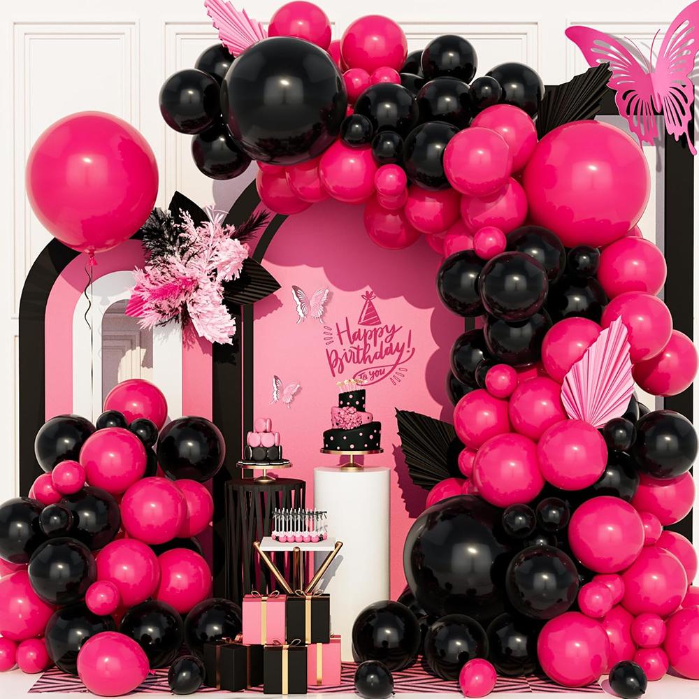 Hot Pink Balloons Garland Kit Black Rose Pink Balloon Arch Bridal Shower Gender Reveal Wedding Anniversary Birthday Party Globos