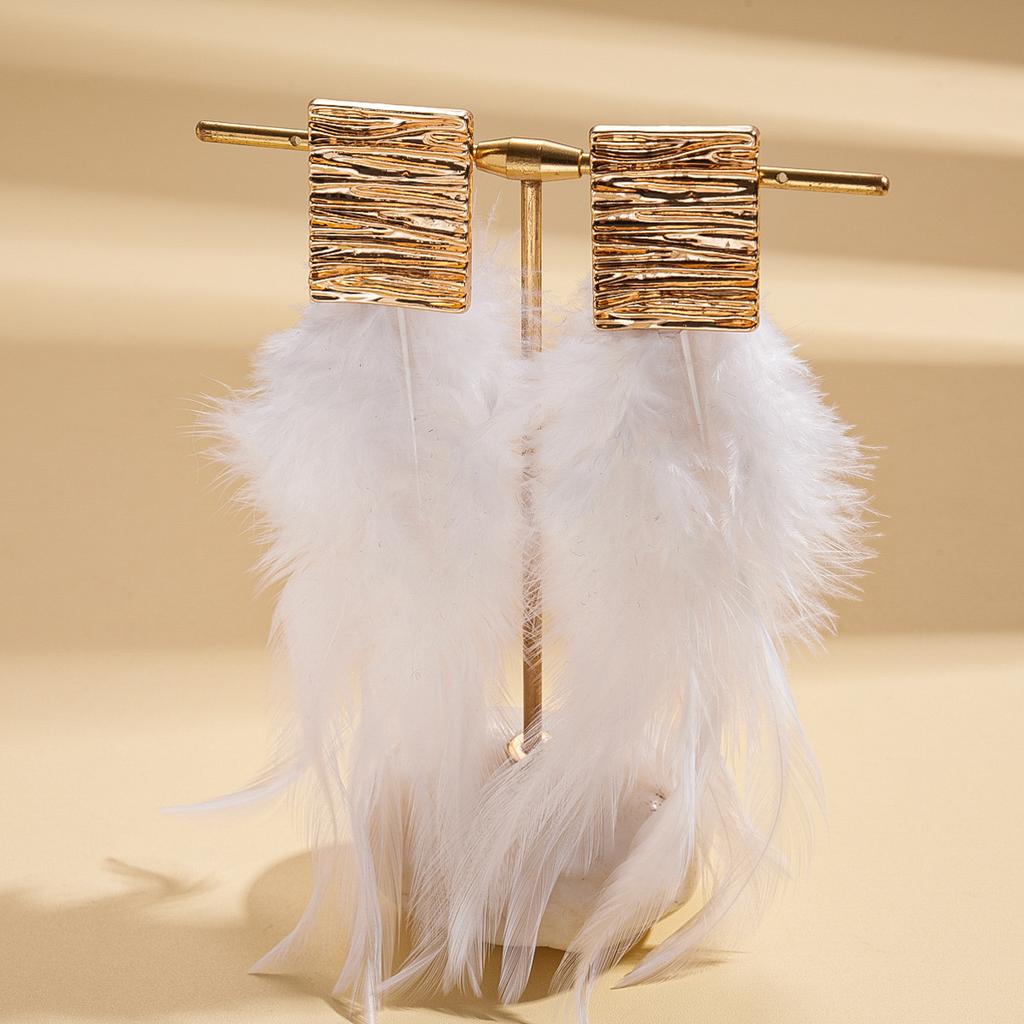 European and American exaggerated feather fringed square silver needle earrings Bohemian retro niche earrings