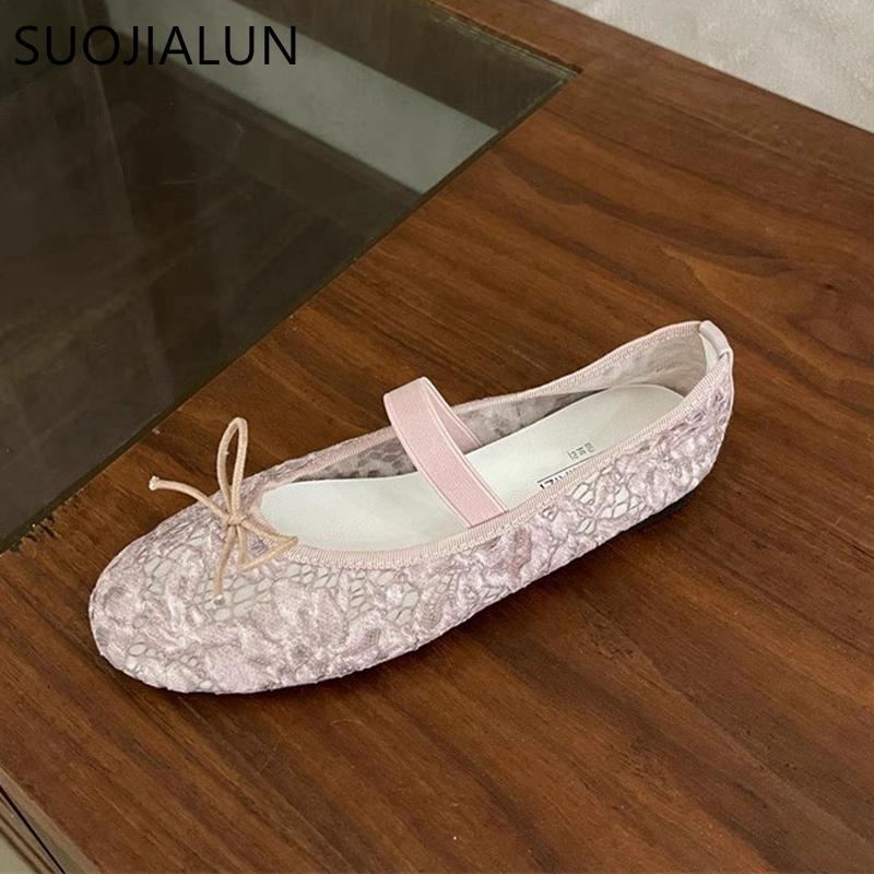 Fashion SUOJIALUN 2025 Spring New Brand Women Flat Shoes Fashion Lace Ladies Elegant Ballerina Shoes Round Toe Soft Flat Single Shoes