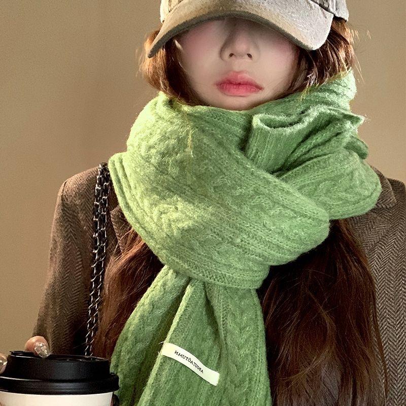 New Solid Color Twist Knitted White Green Scarf for Women in Winter with Wool Warm Scarf Korean Style Student Versatile