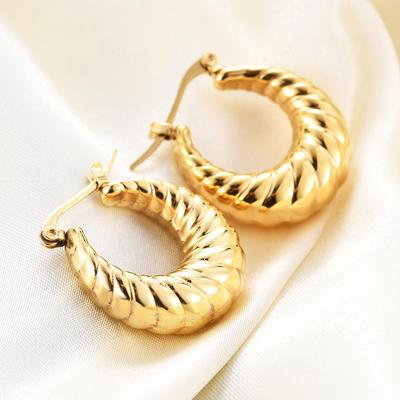 18K Gold Bread Pattern Hoop Earrings - 25MM Stainless Steel with Versatile Backs for Women