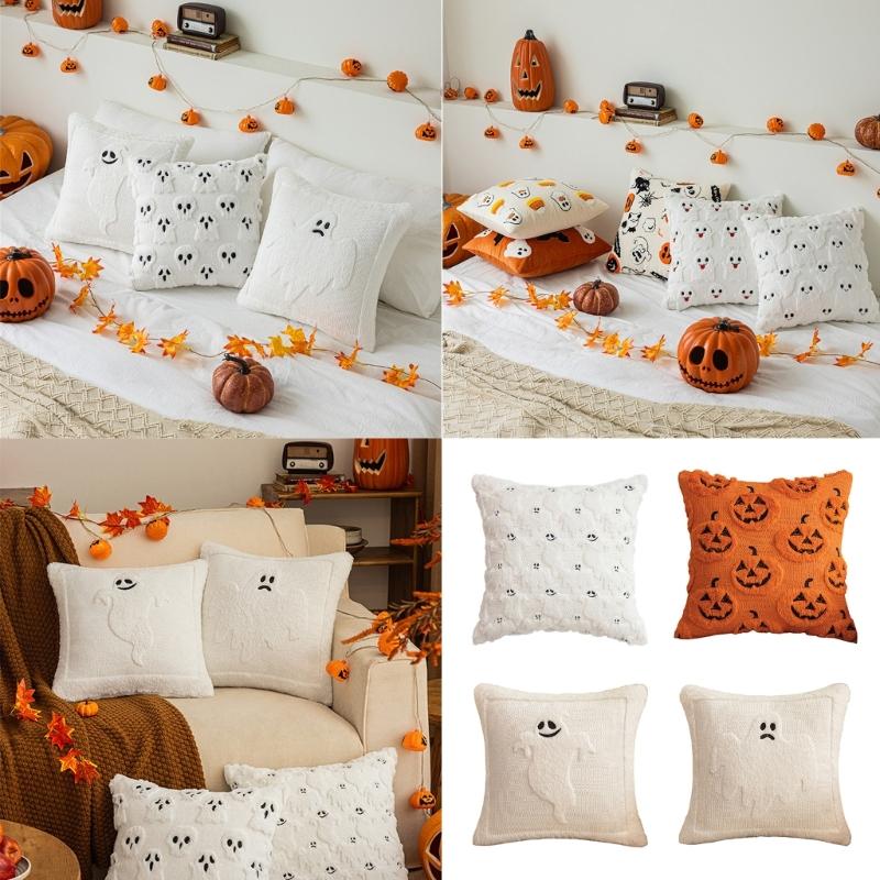 Spooky Themed Plush Pillow Cover Nursery Bedroom Decors Ghostly Pattern Throw Pillowcase for Sofa Couch Halloween Accessory