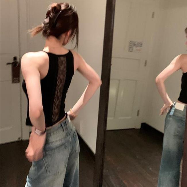 New summer women's clothing, European and American style Spice Girls, sexy slim-fitting lace splicing perspective halter sling vest top