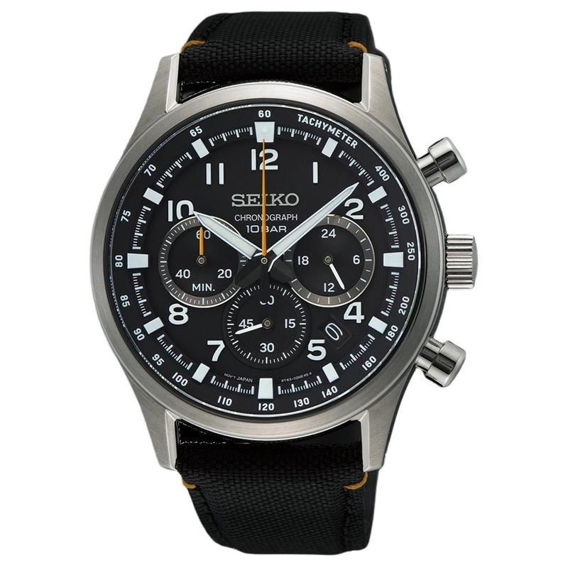 SEIKO waterproof depth 100 meters Quartz nylon strap men s watch black dial SSB449 чёрный
