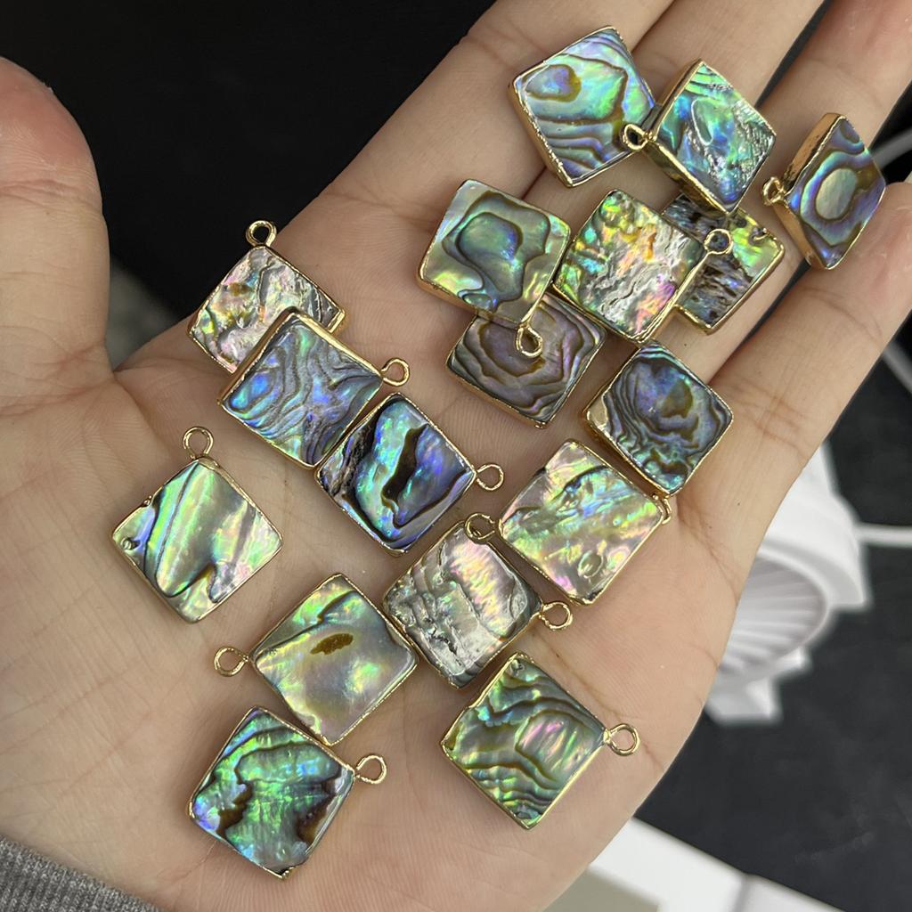 1Pc, Natural Abalone Shell Square Pendant Golden Trim Iridescent Charm for DIY Boho Jewelry Making Necklace & Earrings, 14mm Crafts Gifts