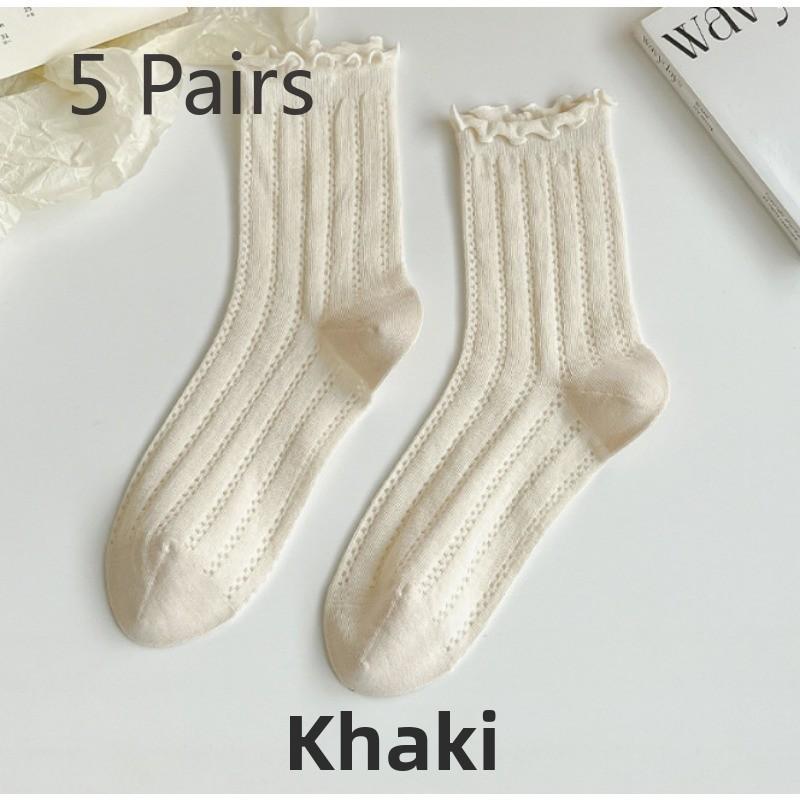 5 Pairs Ballet Style Hollow Mesh Wooden Ear Lace Socks Summer Thin Section of Boneless Mid-calf Socks Candy-coloured Stacked Socks