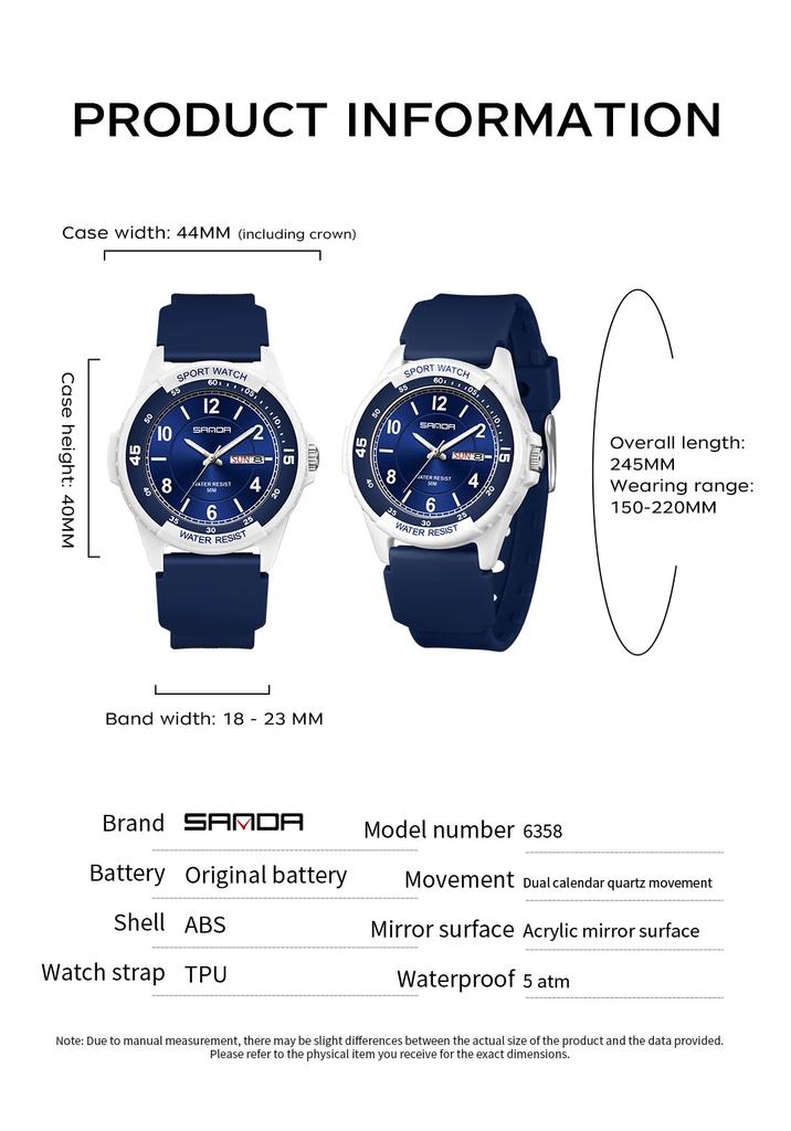 SANDA 6358 Fashion Men's Quartz Watch Calendar Luminous Waterproof Silicone Strap Sports Student Watches for Man Reloj Hombre