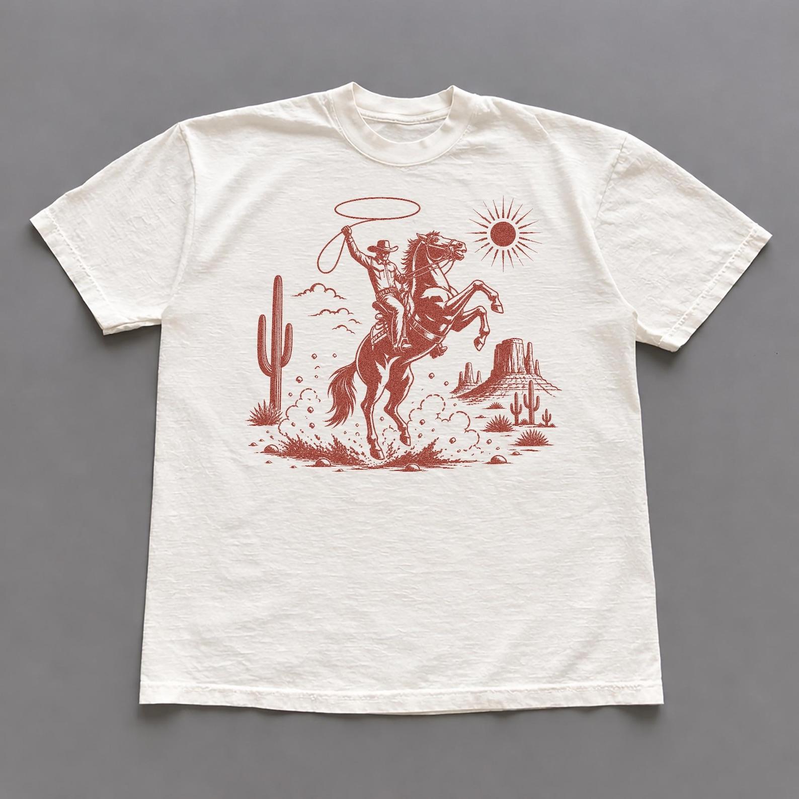 Vintage Cowboy Desert Scene T-Shirt, Western Rodeo Graphic Tee, Streetwear T-Shirt L
