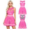 Mini Vestito da Club Lucido in Ecopelle PU da Donna Senza Schiena Davanti Svuotato Reggiseno Push-up Inserti in Rete Orlo Pieghettato per Bar Serate Fuori