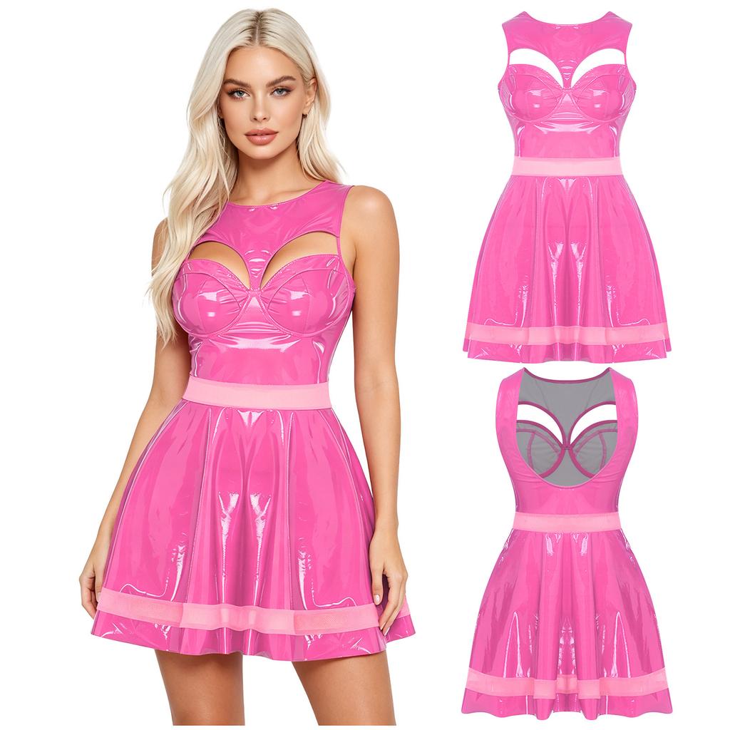 Mini Vestito da Club Lucido in Ecopelle PU da Donna Senza Schiena Davanti Svuotato Reggiseno Push-up Inserti in Rete Orlo Pieghettato per Bar Serate Fuori