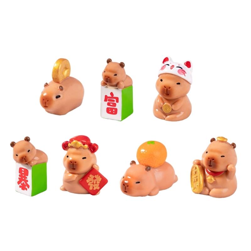 Miniature Capybara Figurines Set of 7 Tiny Resins Animals Statues for New Year or Birthday Decoration Attracting Wealth