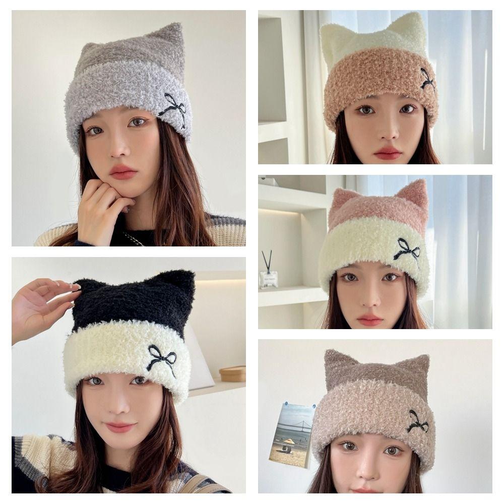 Bow Knitted Beanie Hat Keep Warm Winter Knitted Hat Fashion Cat Ears Hat  Streetwear