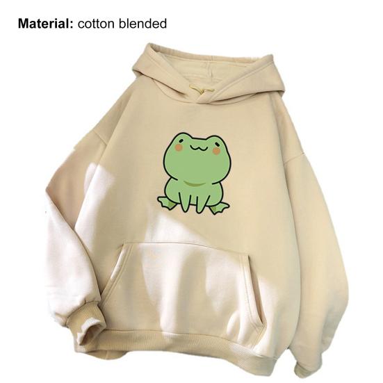 Unisex Hoodie Solid Color Frog Pattern Autumn Winter Korean Style Warm Sweatshirt for Daily Wear