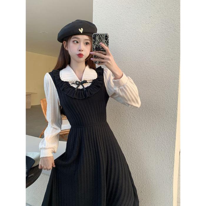 

Autumn and winter new French splicing long-sleeved small black dress dress retro fake two-piece thin temperament skirt trendy S чёрный