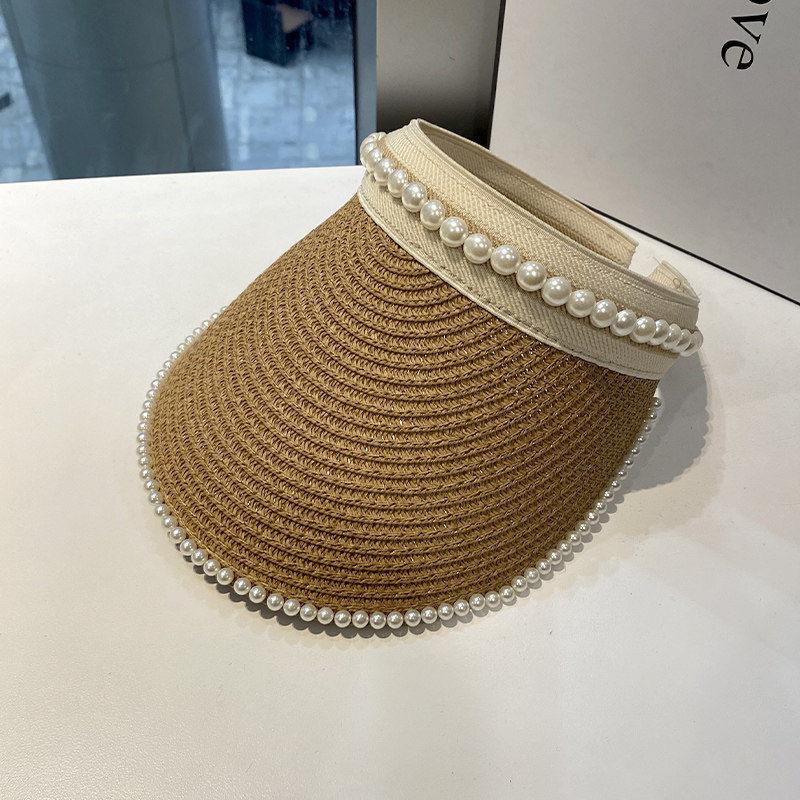Summer Empty Top Suncap Wide Brim Pearls Women Sun Hat Leisure Straw Cap UV Protection Sun Visor Hat Beach Cap Khaki Black White