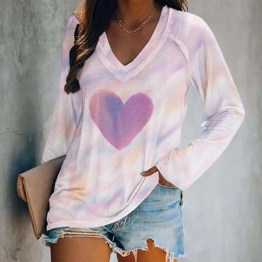 Spring V-Neck Long Sleeve T-Shirt Digital Print Loose Fit Women's Style Valentine's Day Special Edition Fashionable Casual Top