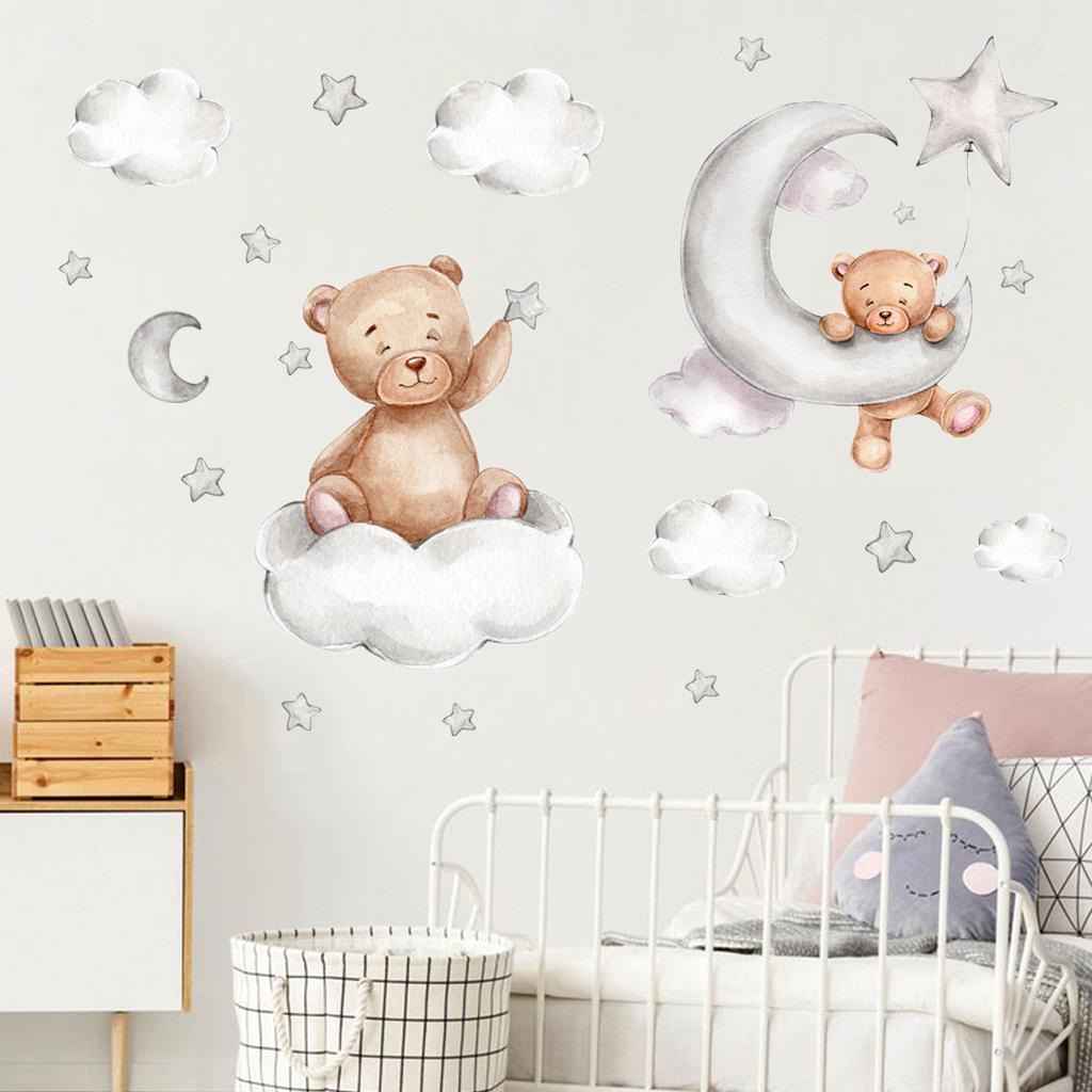 2/1Pcs Wall Stickers Wall Art Decor Cartoon Bear Moon and Stars Color Self Adhesive Stickers for Kids Room Baby Room Wall Decals