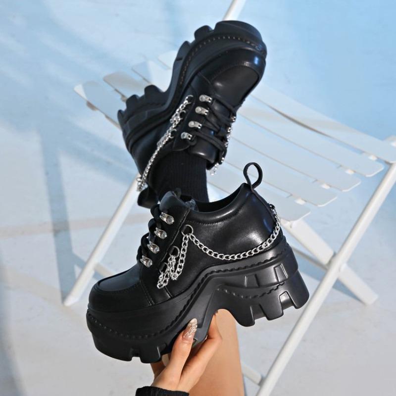 Fashion Platform Metal Chain Single Shoes Autumn New Round Toe Lace Up Punk Style Sneakers for Women 8cm Chunky High Heeled Zapatillas