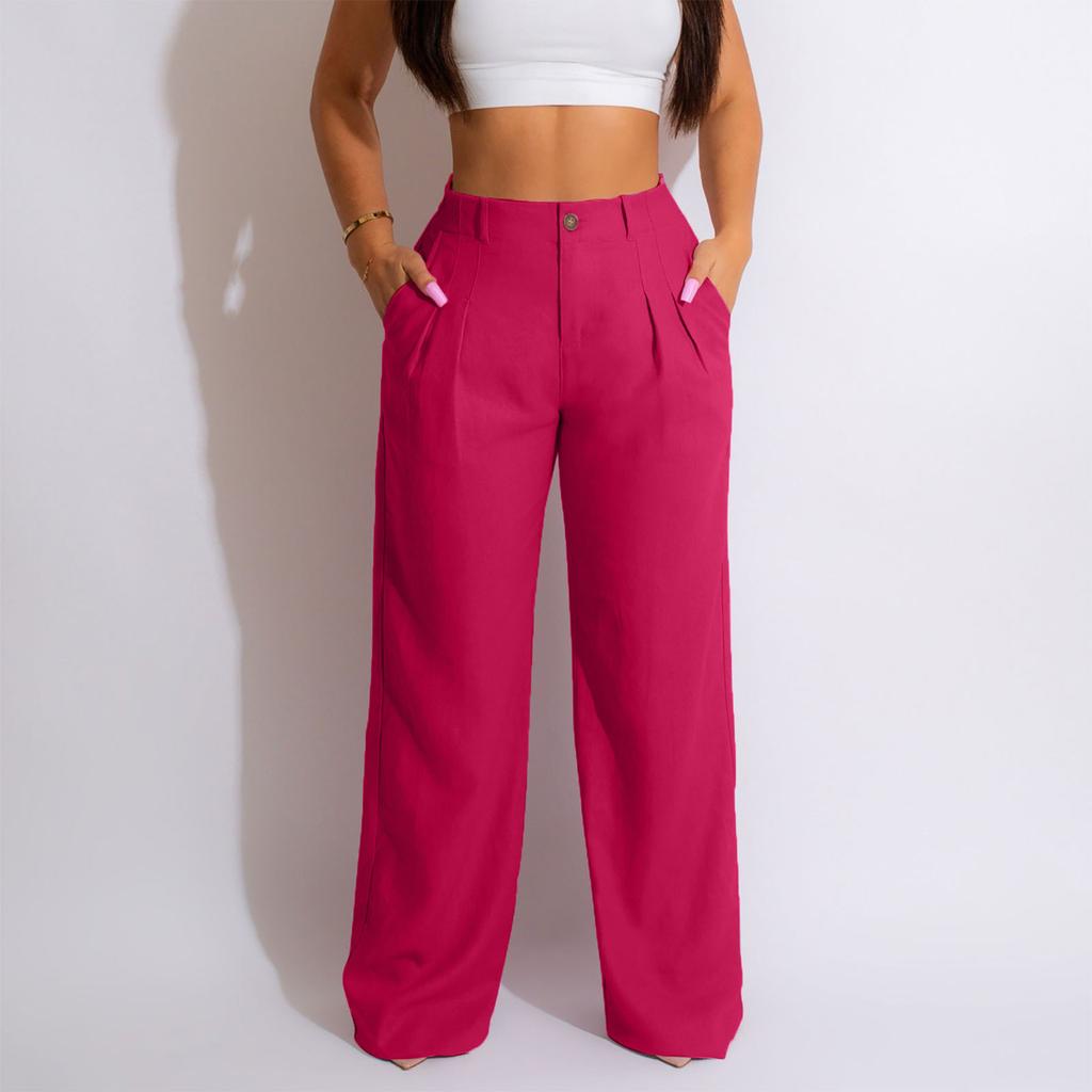 Women's Solid Color Wide Leg Pants Long Pants Casual Pants High Waist Pleated Pants Loose Waist With Zipper Buttons Casual Pants