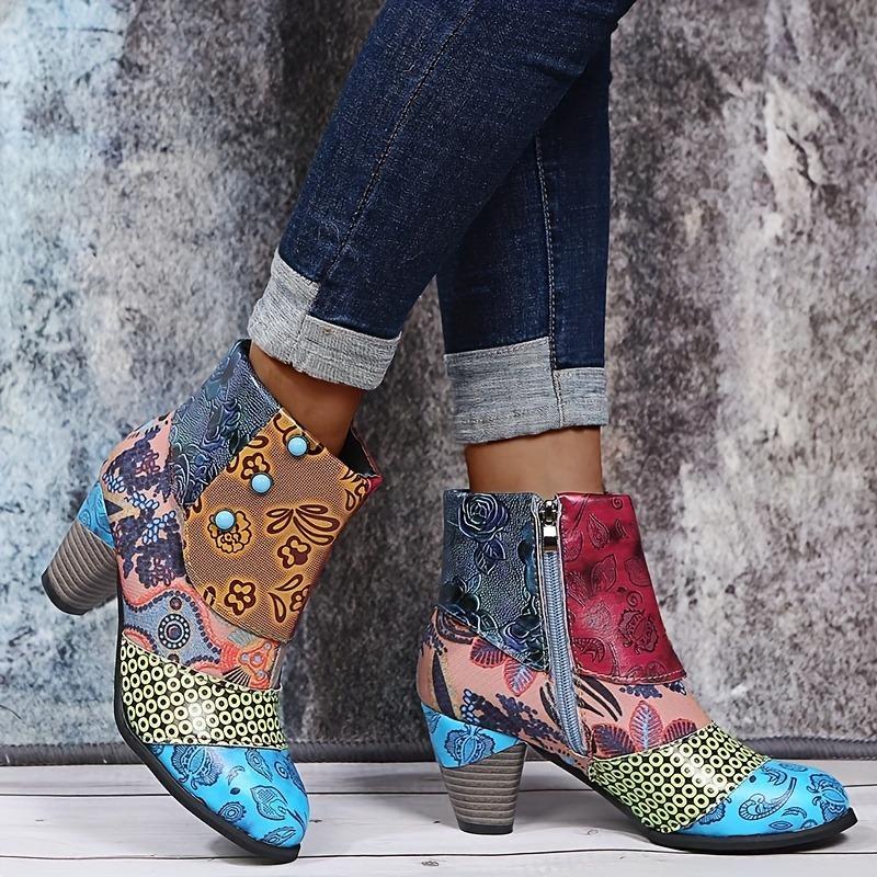 Women'S Floral Print Chunky Heel Ankle Boots - Vibrant Ethnic Design, Round Toe Zipper Closure, Synthetic Cover & Rubber Sole, All-Season Casual Shoes