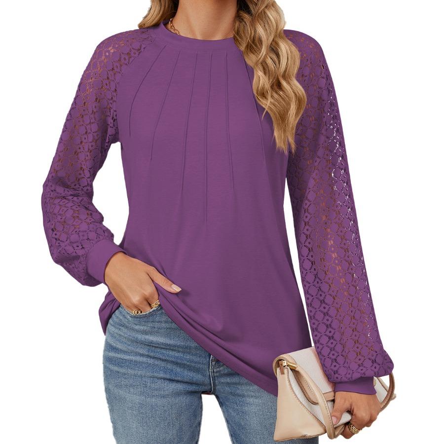 Autumn Winter Lace Patchwork Sleeves T Shirts Fashion Elegant Long Sleeves Top Women’s Round Neck Plus Size Loose T-shirt