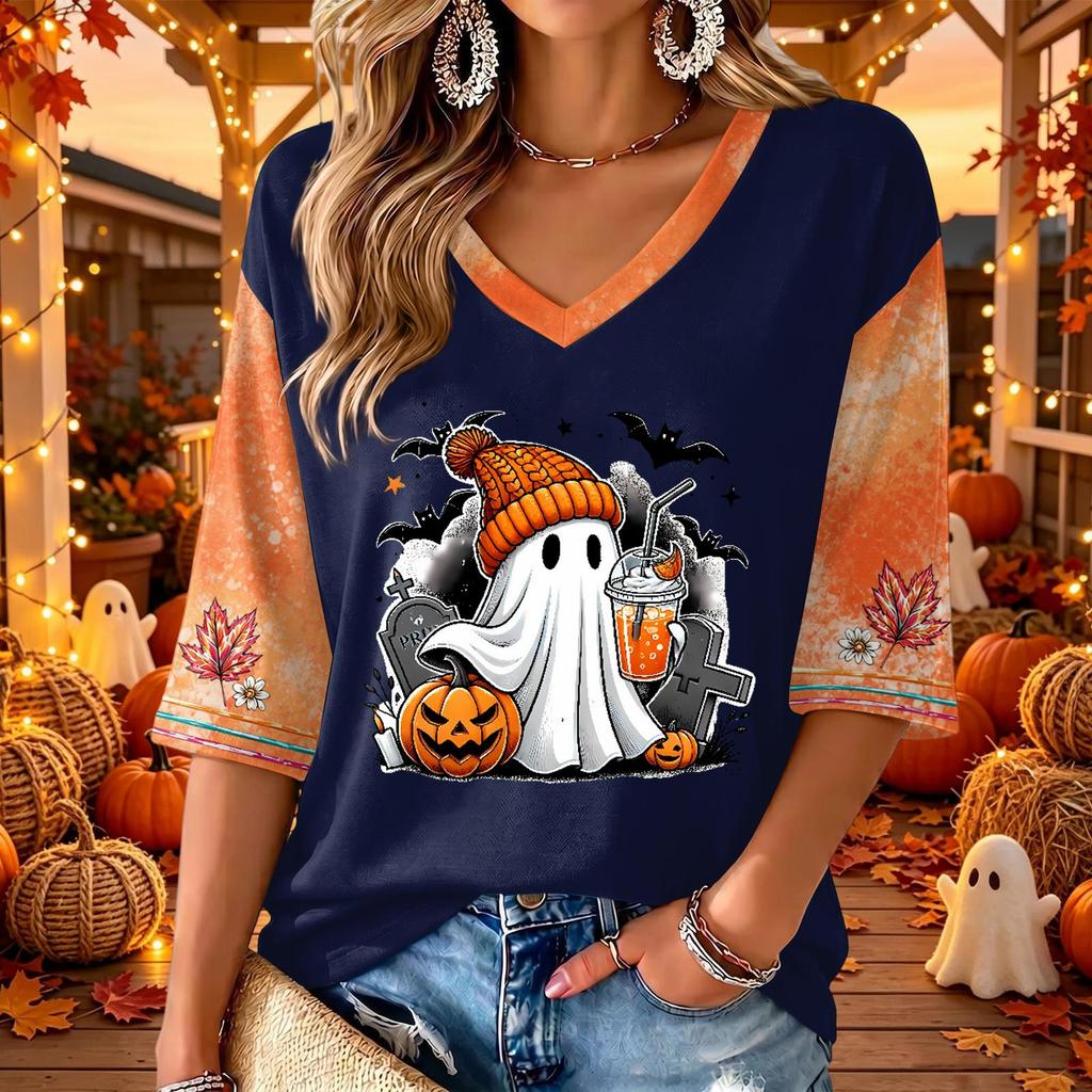 Women's Halloween Print V-Neck 3/4 Sleeve Casual Blouse Top