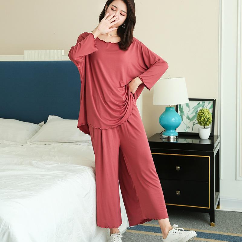 Home Suits Women Autumn New Loose Long-sleeved Pajamas Two-piece Set Nine-point Wide Leg Pants Pijama Sleepwear Femme