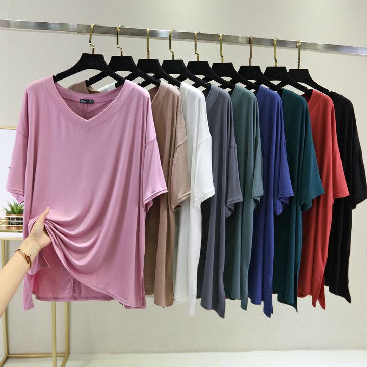 Koreanischer Stil Damen Übergröße V-Ausschnitt Sommer T-Shirt - Kurzarm, Schlankmachend, Vielseitiges Einfarbiges Modal-Top