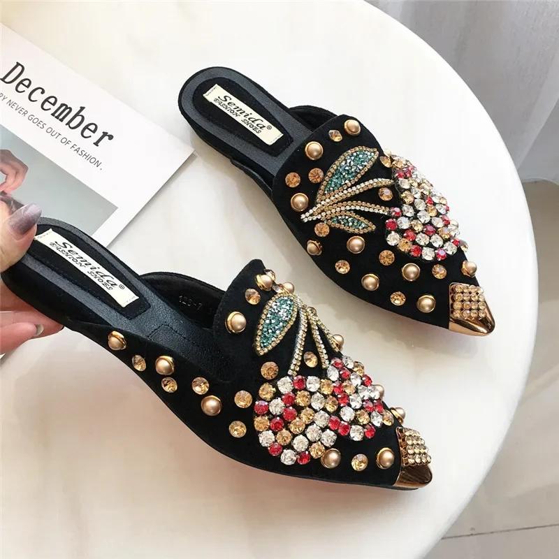 Fashion Women Flat Sole Single Shoe Baotou Slippers Rivet Crystal Rhinestone Cherry Pointed Shoe Women Lazy Shoe Rivet Designer Footwear