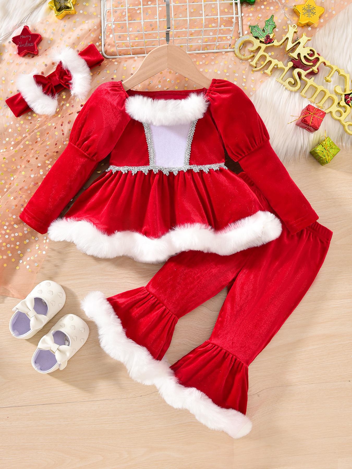 

Детский рождественский комплект Платье с длинным рукавом+брюки+повязка на голову Набор из трех предметов 6 красный