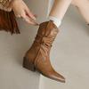 Fashion 2024 New Autumn Winter Women Boot Fashion Pleated Boots for Women Chunky Heel Mid-calf Boots Ladies Shoes Western Boots Retro