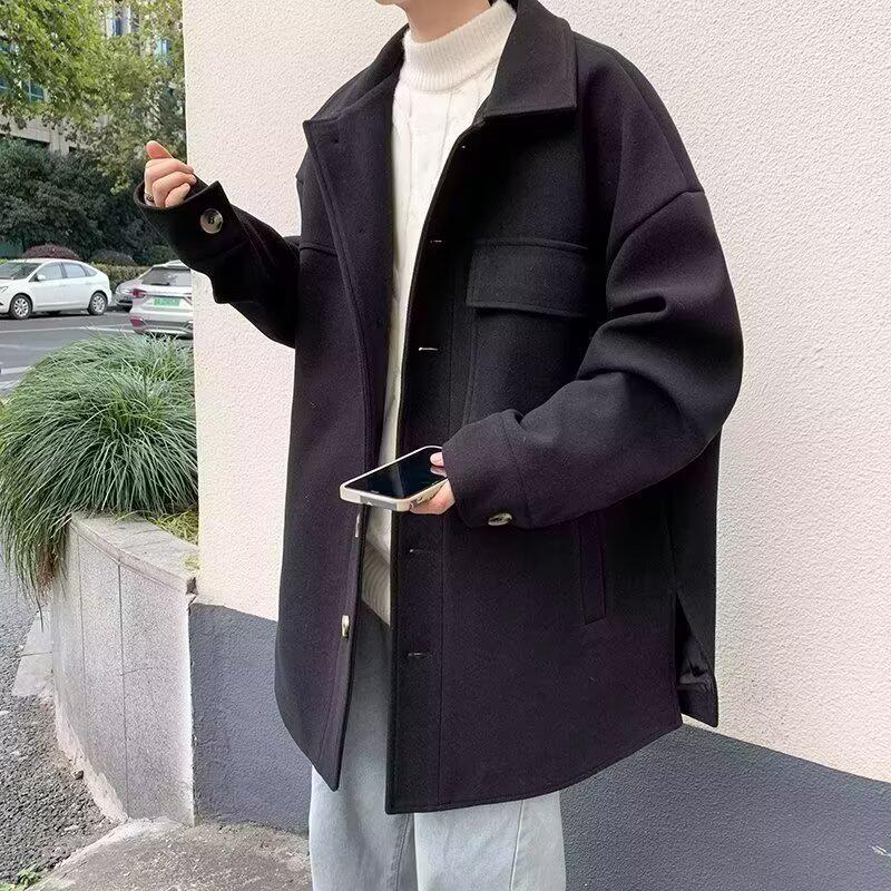 Men's Mid-Length Woolen Coat: Casual, Trendy, Oversized High-End Winter and Autumn Windbreaker.