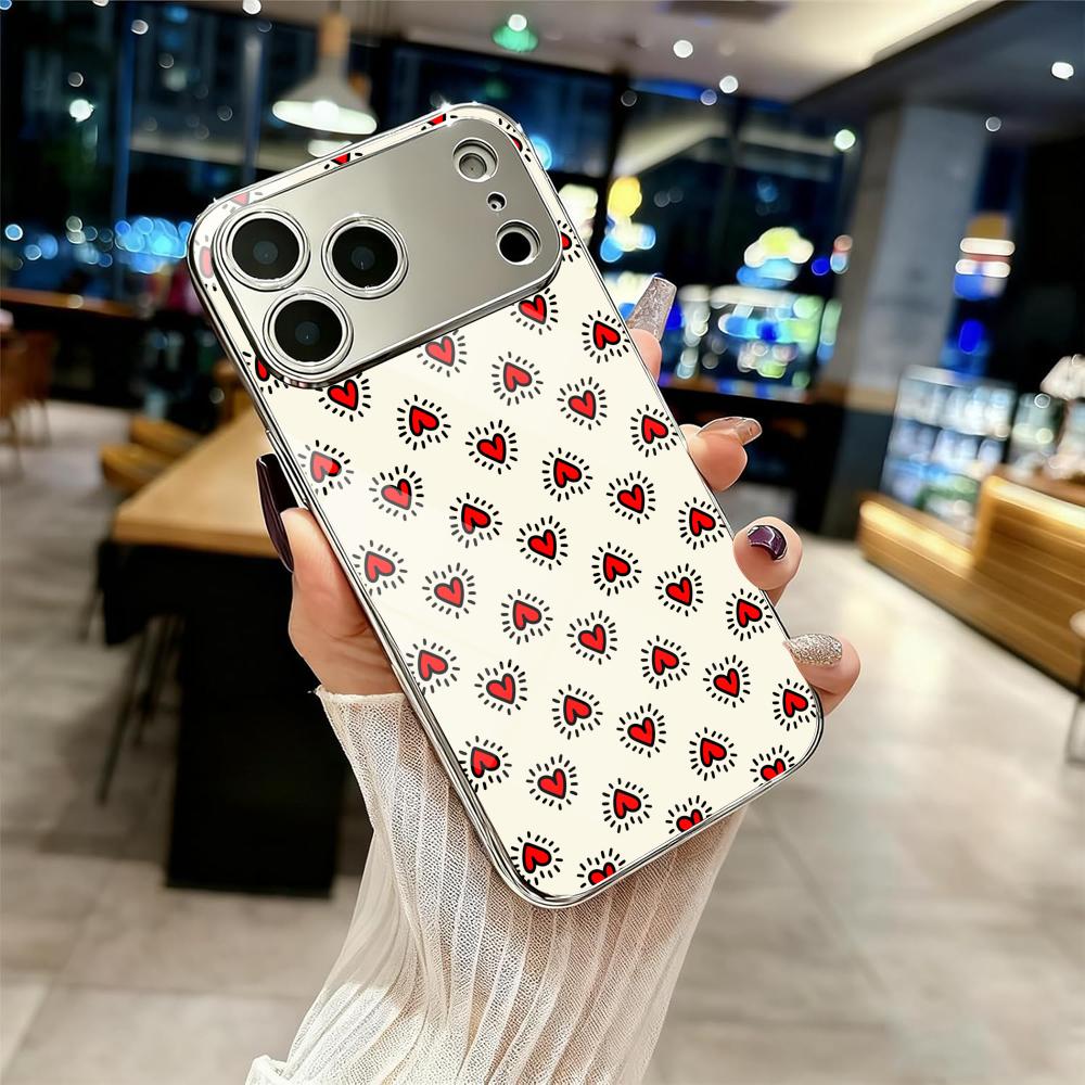 INS Fashion Heart Phone Case For iPhone 17 16 15 14 13 12 Pro Max Plus Electroplated Metal Shockproof Bumper Case Glass Back