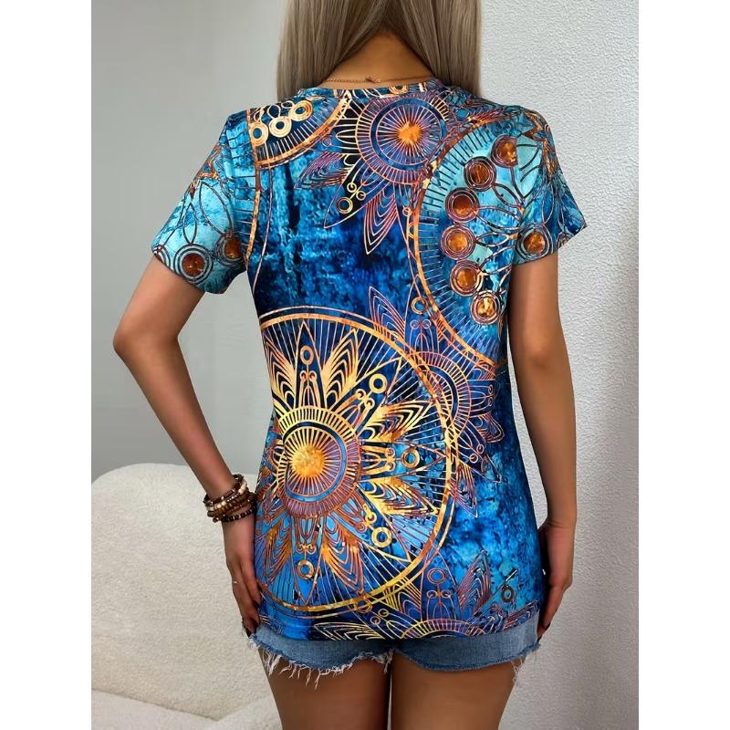 3D Digital Women's Blue Gold Ethnic Style Geometric Tie Dye T-shirt Retro Niche Design Sense Top for Spring and Summer