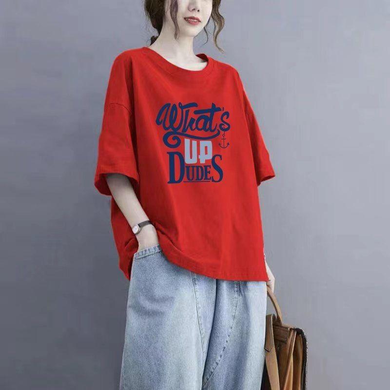 

Cotton Short Sleeved T-shirt Women s Plus Size Loose Medium Long Round Neck Anti-aging Top 3XL