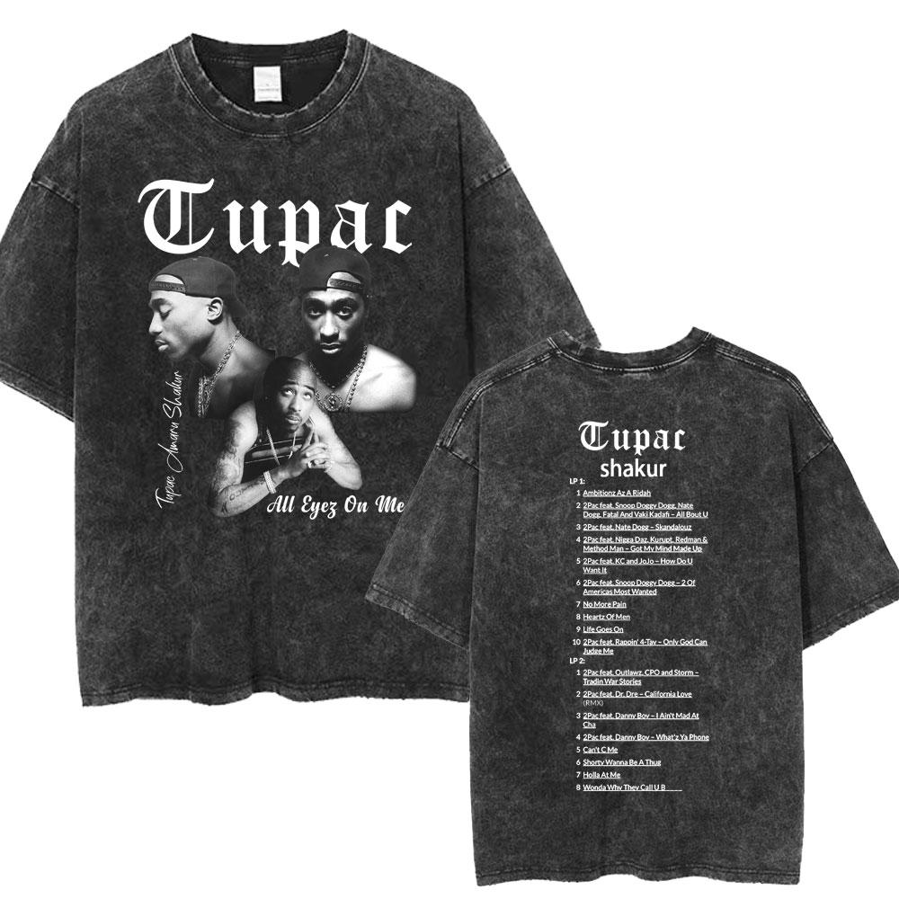 Rapper Tupac 2pac All Eyez On Me Cross Vintage Washed T Shirt Men Hip Hop Fashion Retro Tshirt Mens Casual Oversized Tshirts