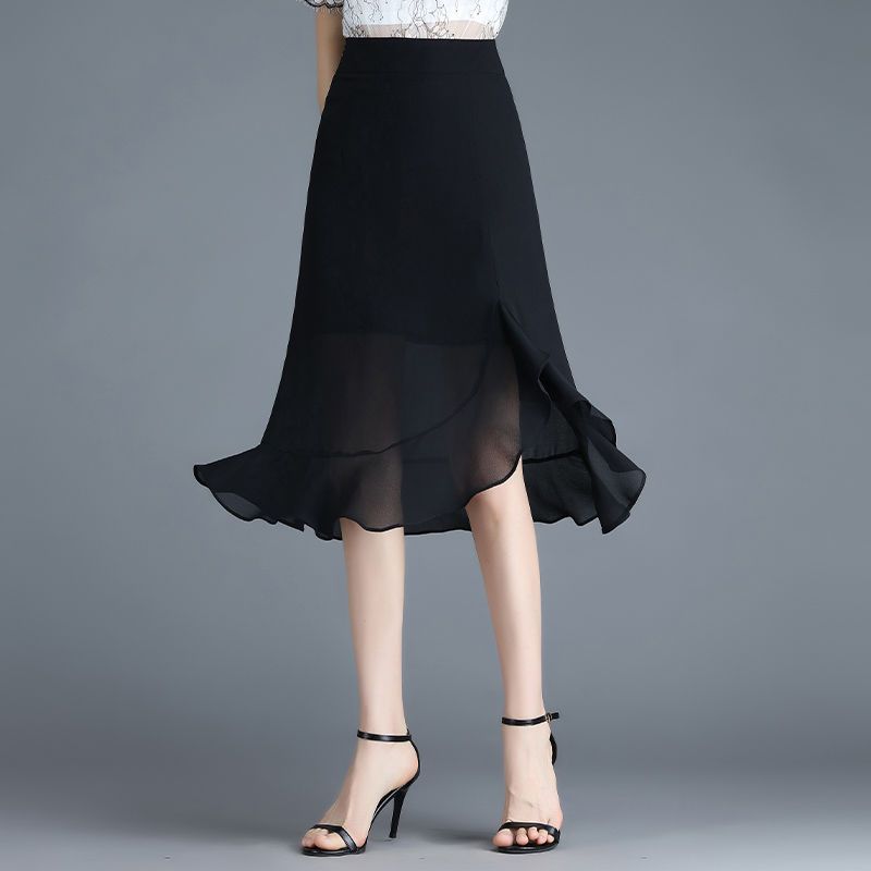 Irregular Fishtail Skirt Chiffon Midi Skirt for Women In Summer High Waist Hanging Feeling One Step Skirt for Women with Buttocks Wrapped