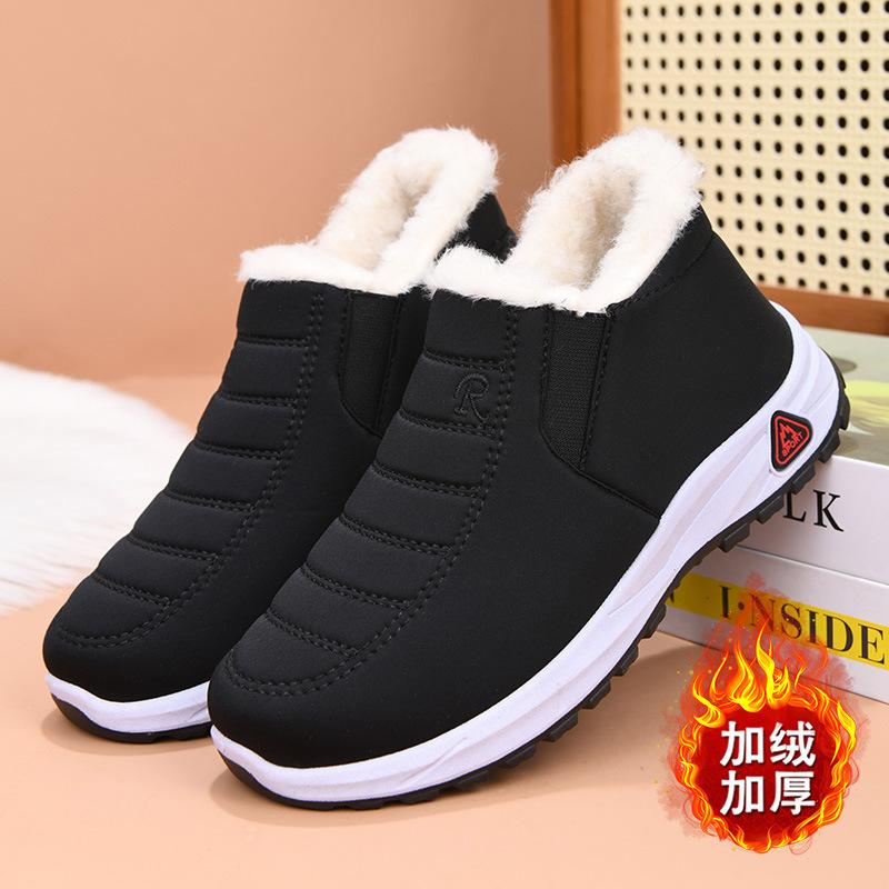 Winterliche Damen-Baumwollschuhe, Damen-Samtstiefel mit dicker Sohle, flacher Sohle, rutschfest, warm, mittelhoch und kurz