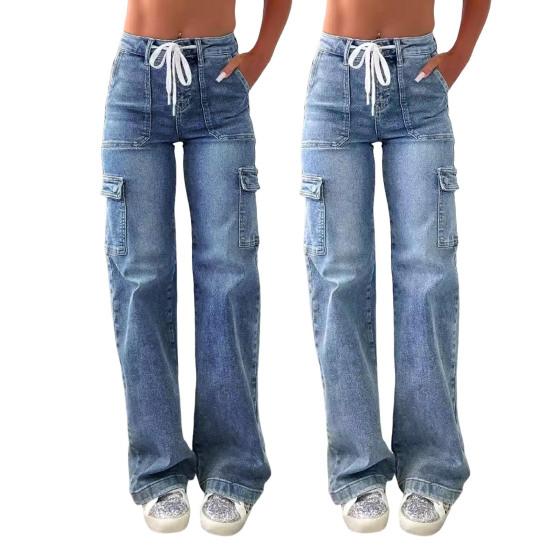 Jeans Cargo a Vita Media da Donna Pantaloni Denim Gamba Dritta Larga