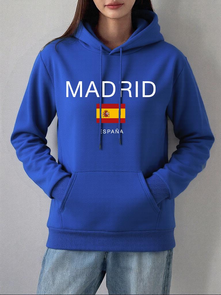 Madrid Spain Flag Printing Hoodies Women Autumn Winter Fleece Warm Sweatshirt Basics Pocket Pullover Casual Loose Womans Clothes