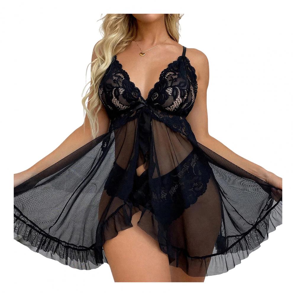 Spaghetti Strap Mini Sleep Dress Women Sexy Nightgown Set See-through Mesh Lace Nightdress Thong 1 Piece Set Babydoll Sleepwear