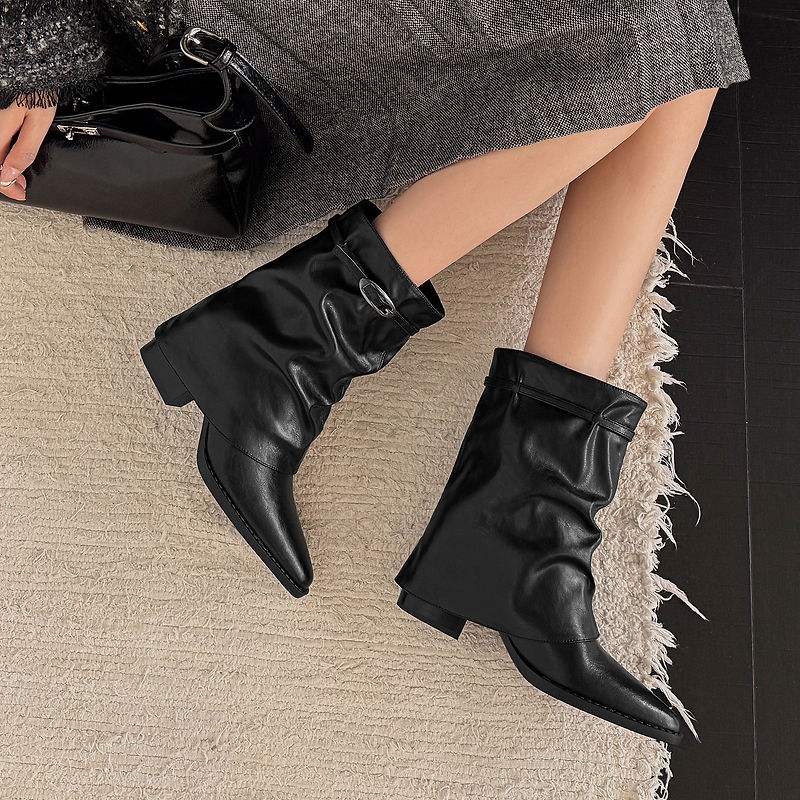Krazing Pot Cow Skin Winter Square Toe Size 42 Square Heels Metal Buckle Women Zipper Chelsea Boots Women Pleated Decoration Ankle Boots